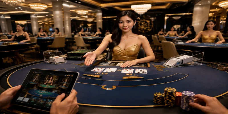Giao diện sảnh casino j88 trực quan với các bàn chơi Baccarat và Roulette trực tuyến chân thực.