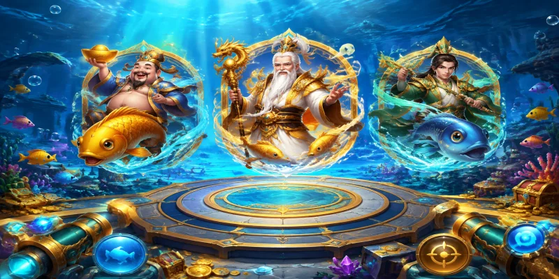 Giao diện sảnh game tam tiên bắn cá với đồ họa 3D sắc nét và hệ thống sinh vật biển phong phú tại J88.